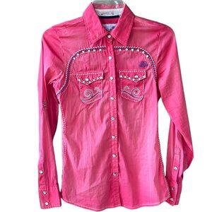 Roar Embelished Pink Western Pearl Snap Button Down Shirt XS